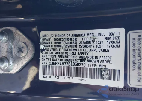 2011 Honda Cr-V Ex-L from USA, damaged, VIN 5J6RE4H77BL059270